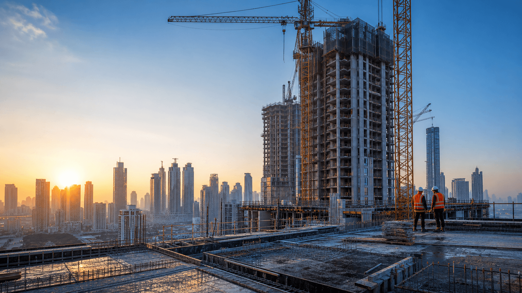 High-rise construction site at sunrise